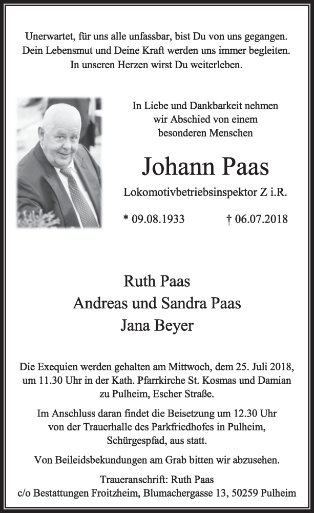  Traueranzeige für Johann Paas vom 21.07.2018 aus  Sonntags-Post 