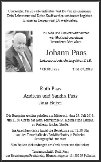 Anzeige von Johann Paas von GS