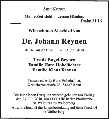 Anzeige von Johann Reynen von  Schlossbote/Werbekurier 