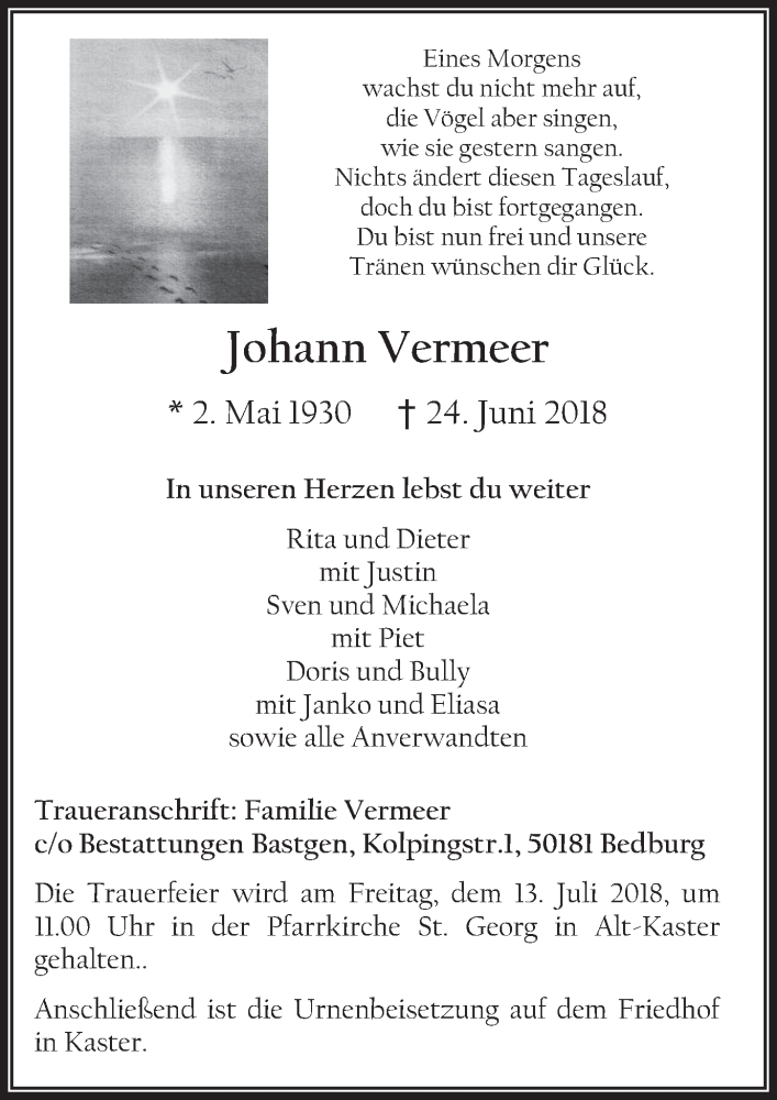  Traueranzeige für Johann Vermeer vom 11.07.2018 aus  Werbepost 