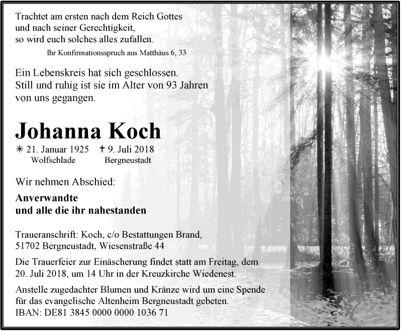  Traueranzeige für Johanna Koch vom 18.07.2018 aus  Anzeigen Echo 