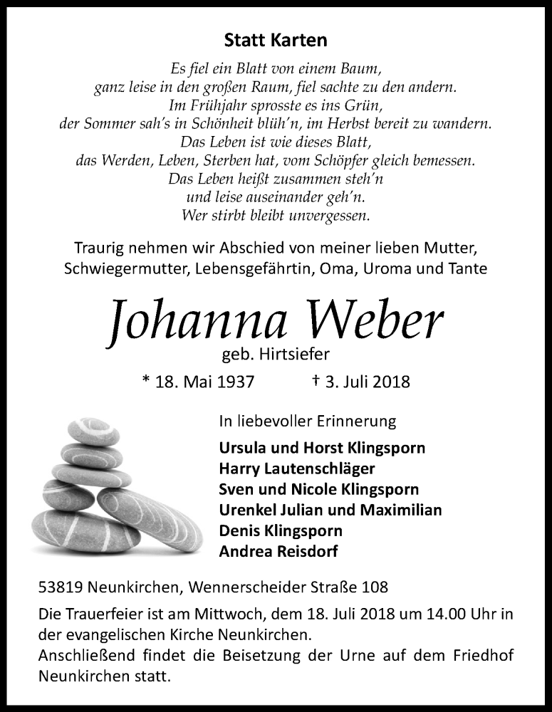  Traueranzeige für Johanna Weber vom 14.07.2018 aus HS