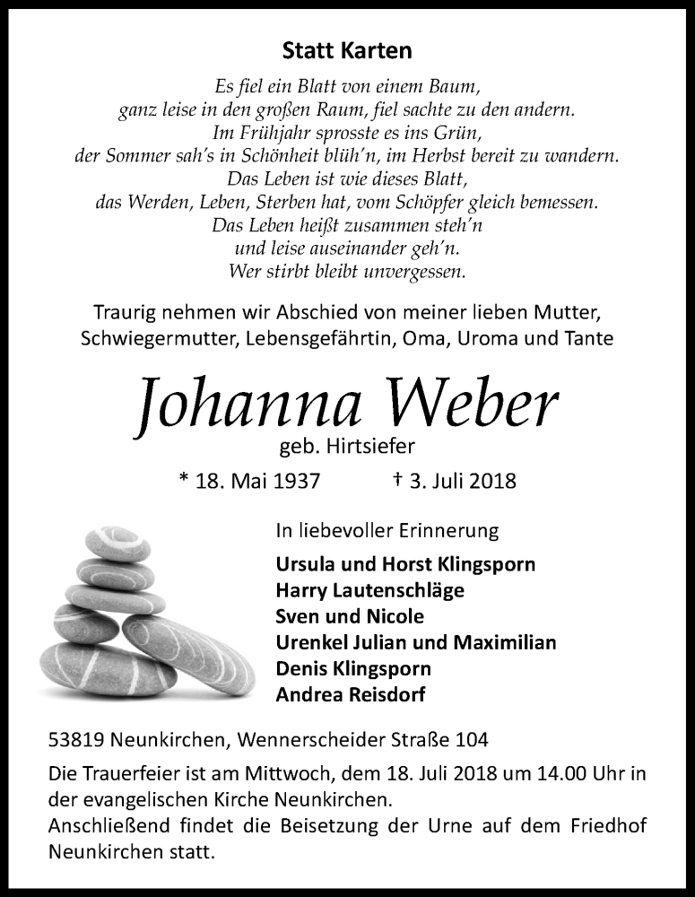  Traueranzeige für Johanna Weber vom 13.07.2018 aus HS