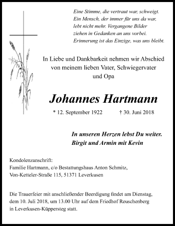 Anzeige von Johannes Hartmann von SLE