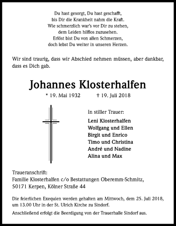 Anzeige von Johannes Klosterhalfen von BG
