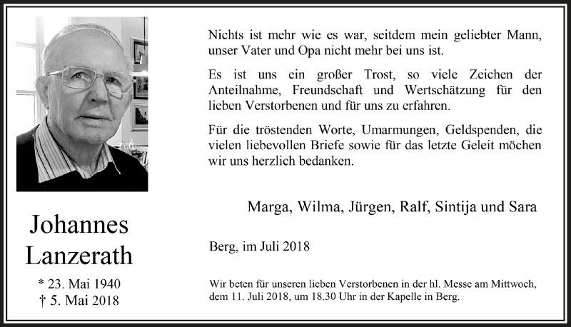  Traueranzeige für Johannes Lanzerath vom 04.07.2018 aus  Schaufenster/Blickpunkt 