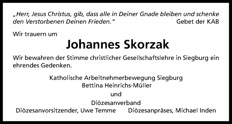  Traueranzeige für Johannes Skorzak vom 21.07.2018 aus HS