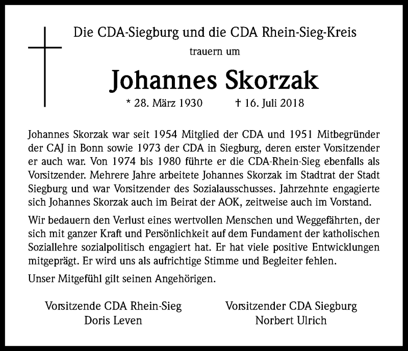 Traueranzeige für Johannes Skorzak vom 21.07.2018 aus HS