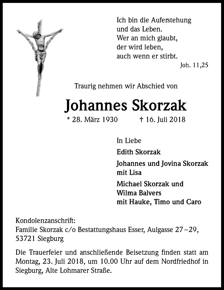  Traueranzeige für Johannes Skorzak vom 19.07.2018 aus HS