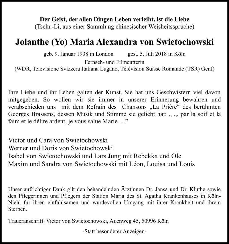  Traueranzeige für Jolanthe Maria Alexandra von Swietochowski vom 14.07.2018 aus GS