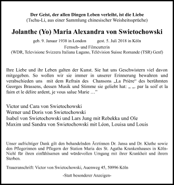 Anzeige von Jolanthe Maria Alexandra von Swietochowski von GS