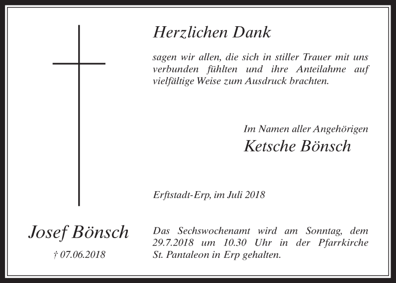  Traueranzeige für Josef Bönsch vom 11.07.2018 aus  Werbepost 