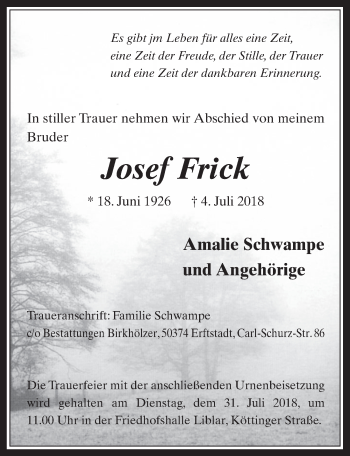 Anzeige von Josef Frick von  Werbepost 