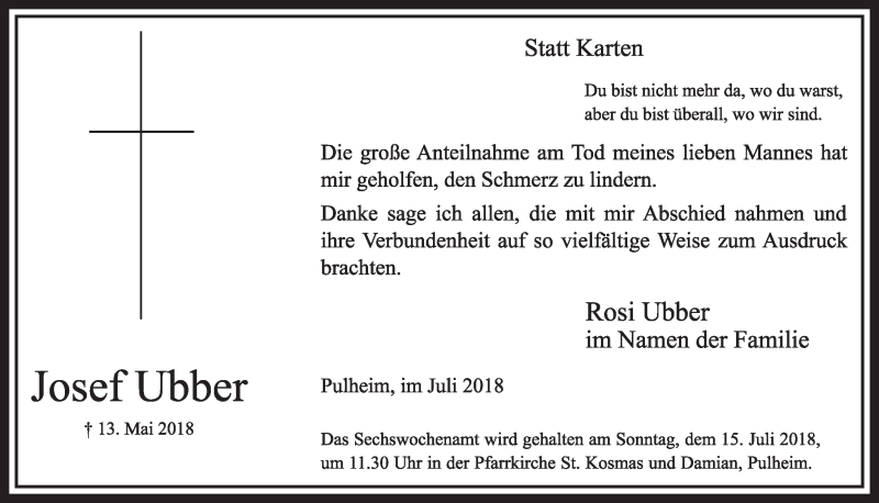  Traueranzeige für Josef Ubber vom 07.07.2018 aus  Sonntags-Post 