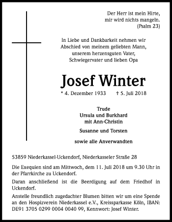 Anzeige von Josef Winter von HS