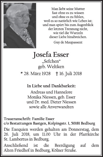 Anzeige von Josefa Esser von  Sonntags-Post 