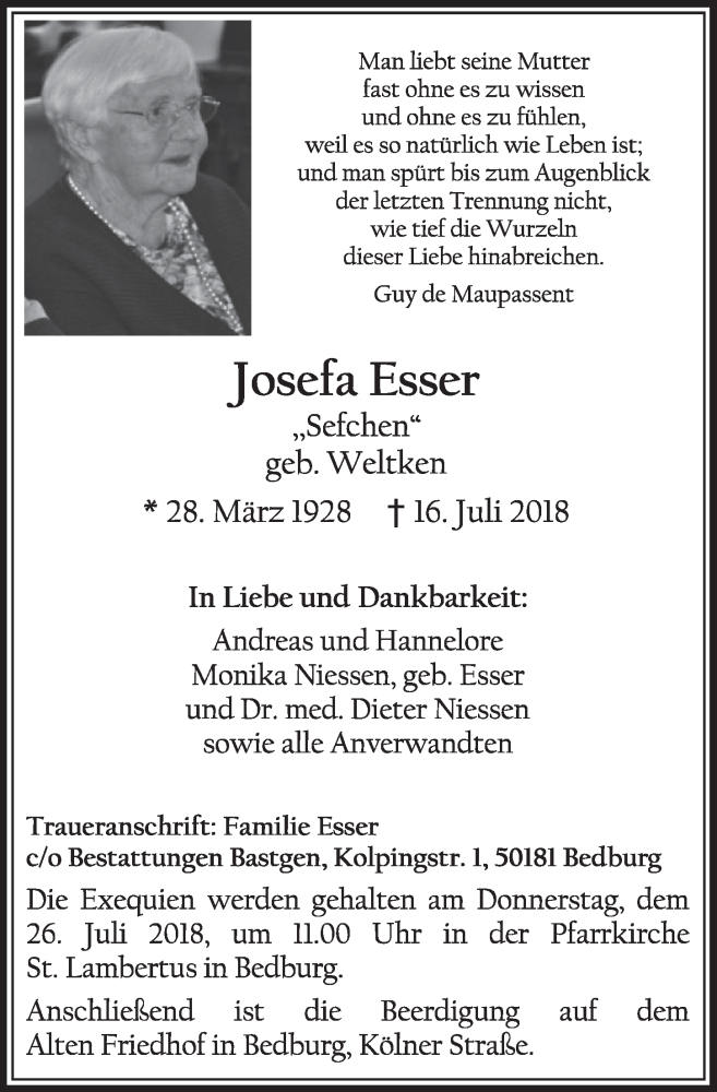  Traueranzeige für Josefa Esser vom 21.07.2018 aus  Sonntags-Post 