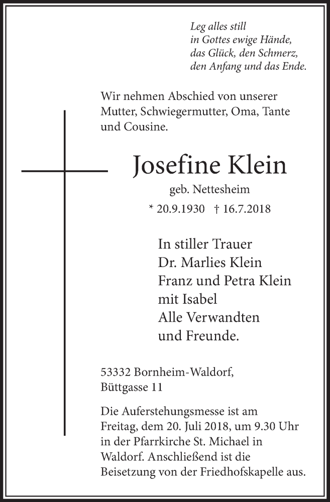  Traueranzeige für Josefine Klein vom 18.07.2018 aus  Schlossbote/Werbekurier 