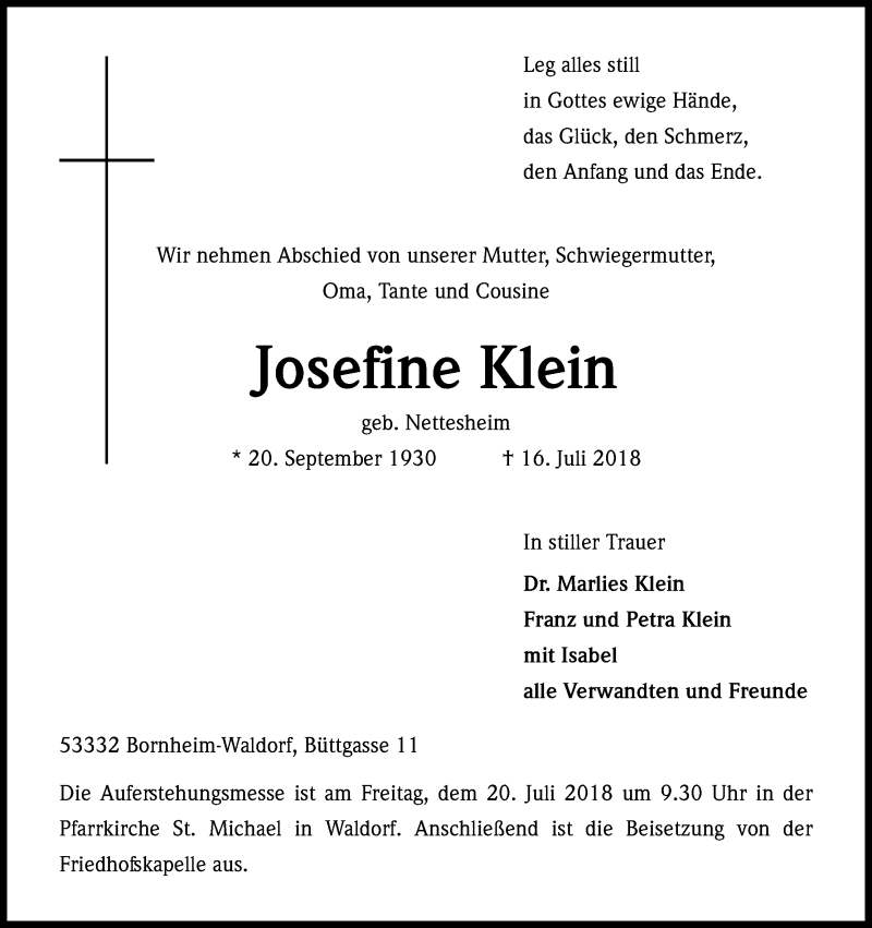  Traueranzeige für Josefine Klein vom 18.07.2018 aus HB