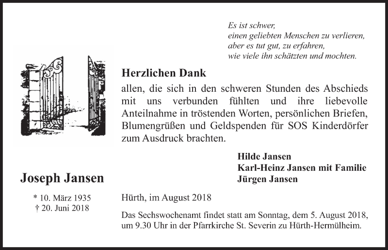  Traueranzeige für Joseph Jansen vom 01.08.2018 aus  Wochenende 