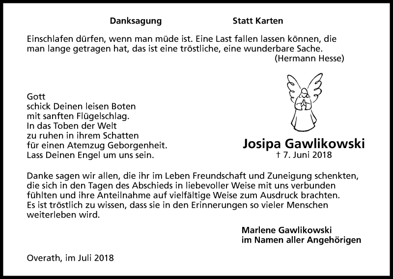  Traueranzeige für Josipa Gawlikowski vom 14.07.2018 aus OB