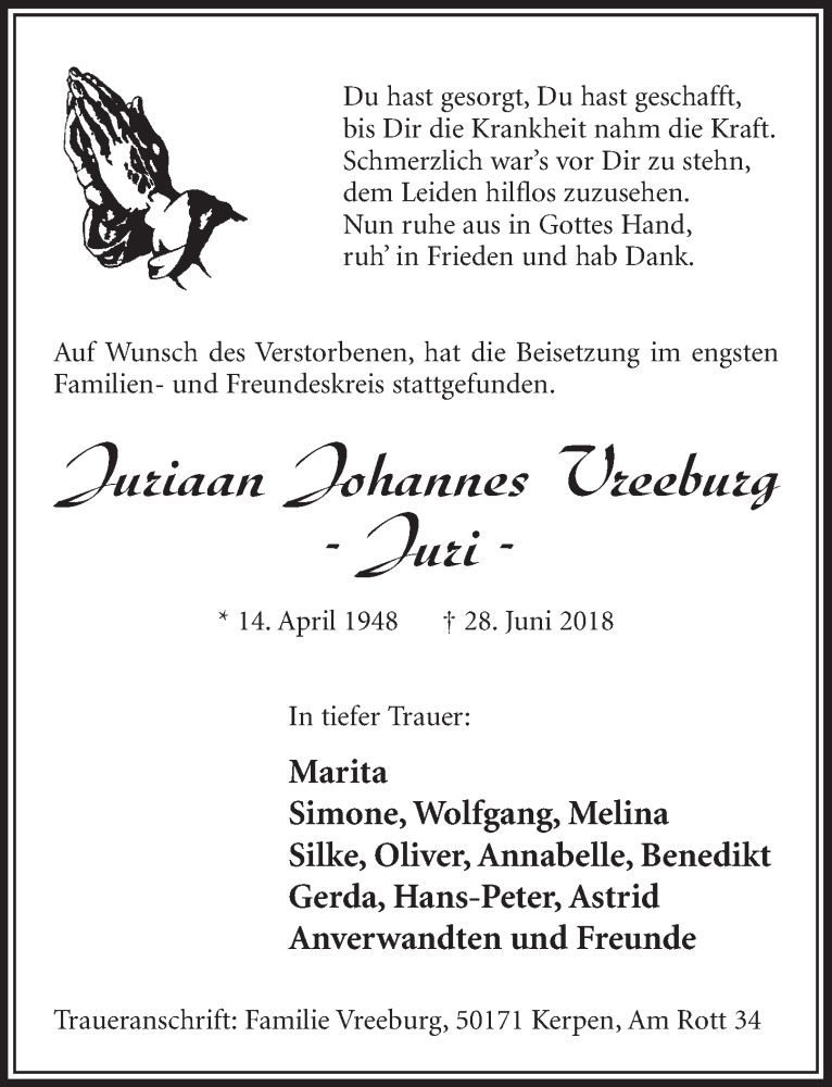  Traueranzeige für Juriaan Johannes Vreeburg vom 14.07.2018 aus  Sonntags-Post 