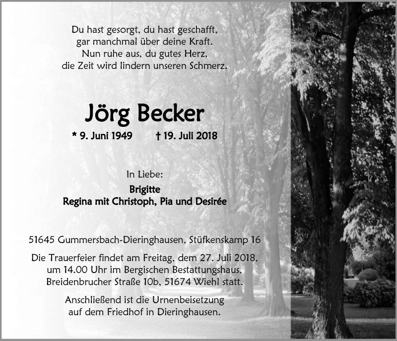  Traueranzeige für Jörg Becker vom 25.07.2018 aus  Anzeigen Echo 