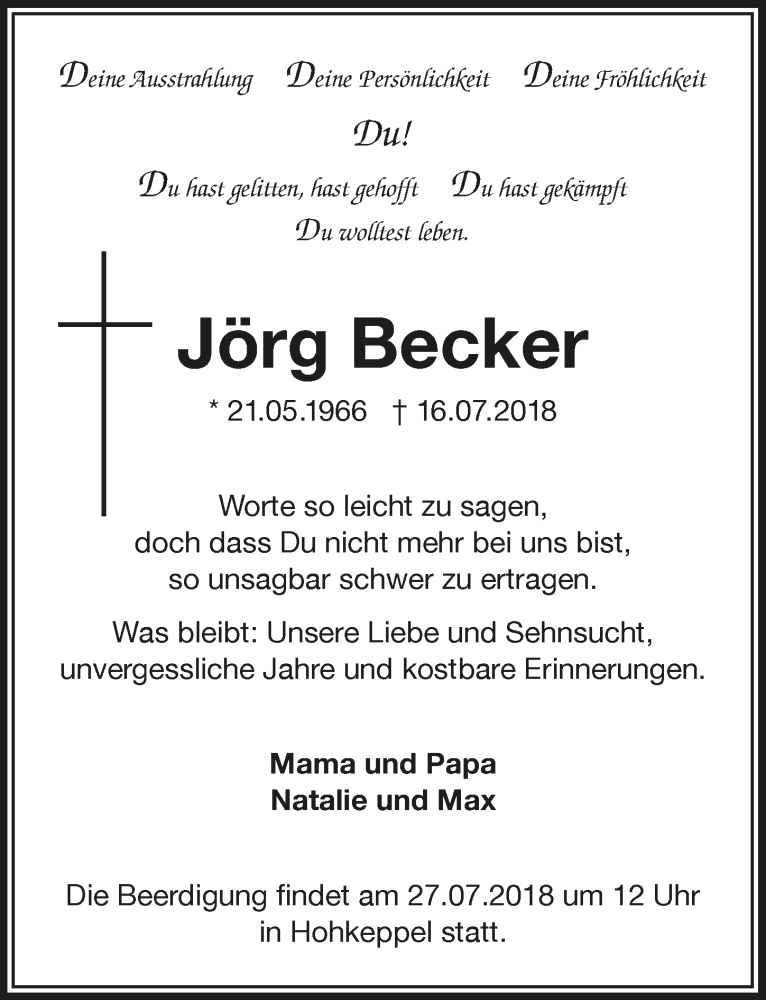  Traueranzeige für Jörg Becker vom 25.07.2018 aus  Bergisches Handelsblatt 
