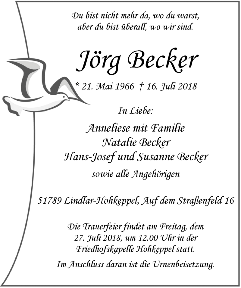  Traueranzeige für Jörg Becker vom 25.07.2018 aus  Anzeigen Echo 
