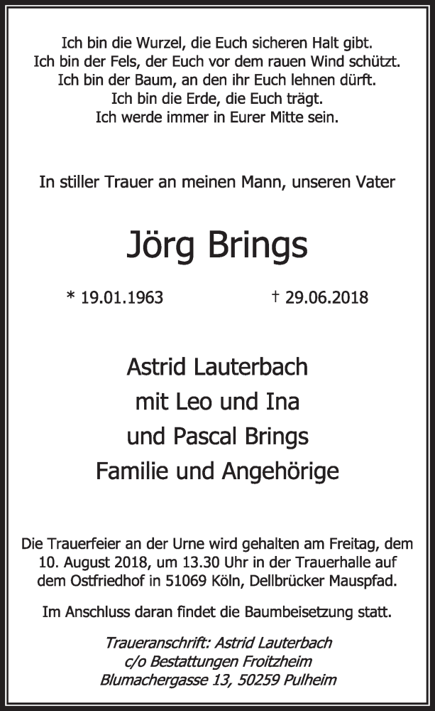  Traueranzeige für Jörg Brings vom 21.07.2018 aus  Sonntags-Post 