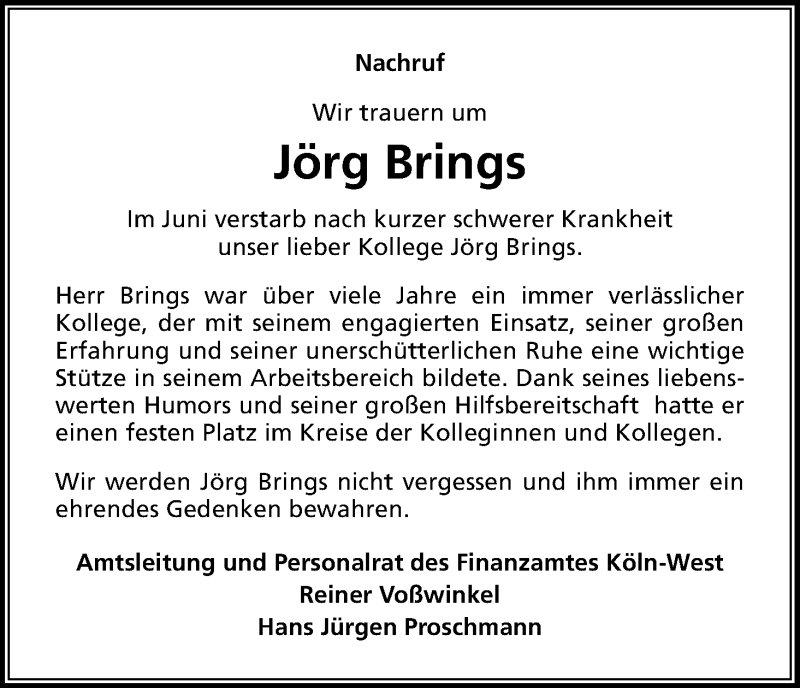  Traueranzeige für Jörg Brings vom 25.07.2018 aus GS