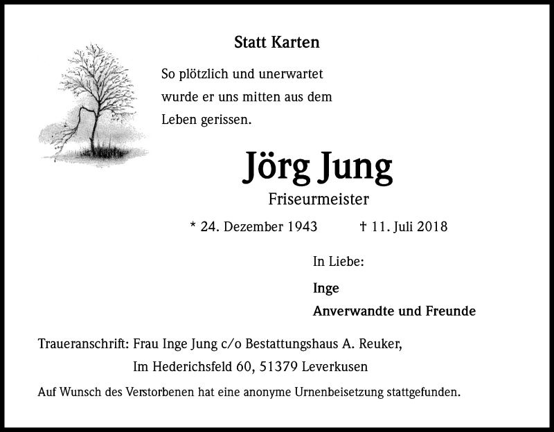  Traueranzeige für Jörg Jung vom 21.07.2018 aus SLE