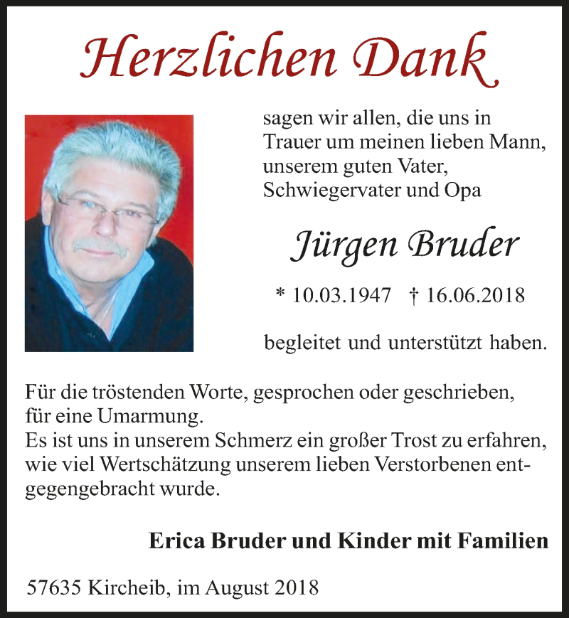  Traueranzeige für Jürgen Bruder vom 01.08.2018 aus  Extra Blatt 