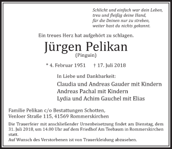 Anzeige von Jürgen Pelikan von  Sonntags-Post 