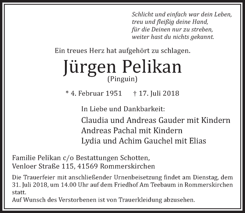  Traueranzeige für Jürgen Pelikan vom 28.07.2018 aus  Sonntags-Post 