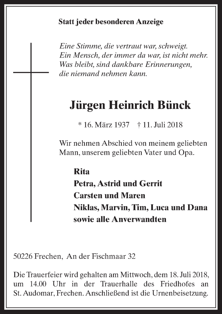  Traueranzeige für Jürgen Heinrich Bünck vom 18.07.2018 aus  Wochenende 