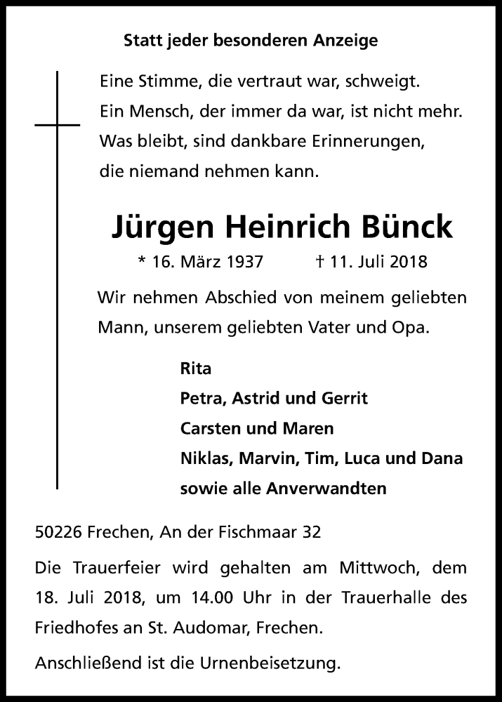  Traueranzeige für Jürgen Heinrich Bünck vom 14.07.2018 aus KL