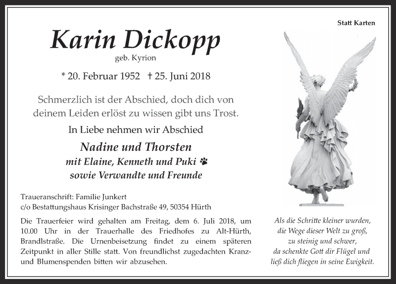  Traueranzeige für Karin Dickopp vom 04.07.2018 aus  Wochenende 