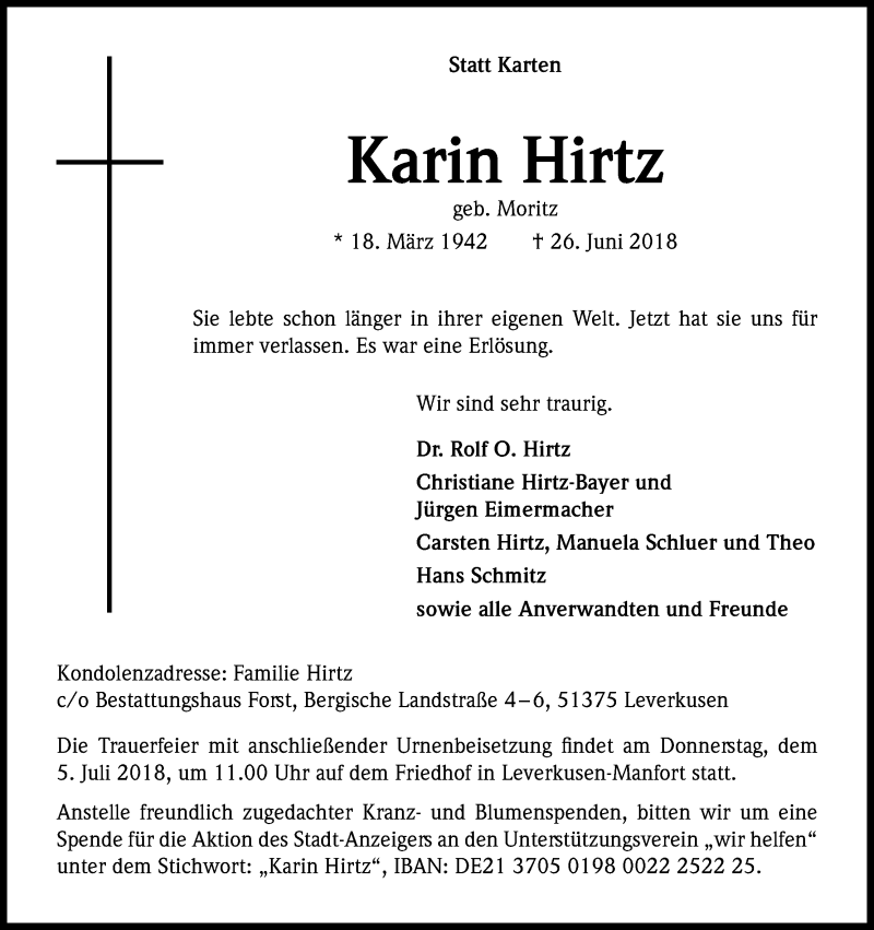  Traueranzeige für Karin Hirtz vom 03.07.2018 aus SLE