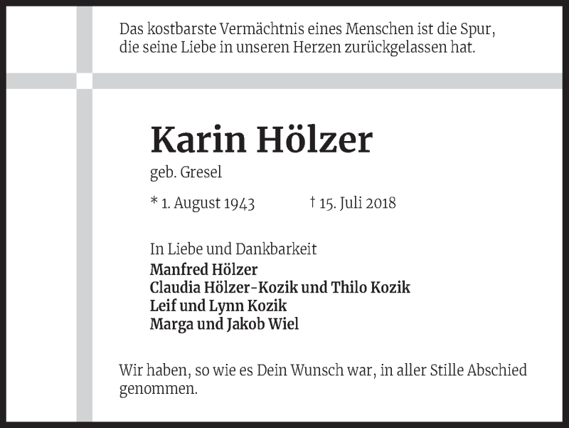  Traueranzeige für Karin Hölzer vom 18.07.2018 aus RB
