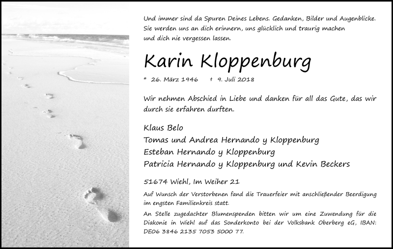  Traueranzeige für Karin Kloppenburg vom 14.07.2018 aus OB