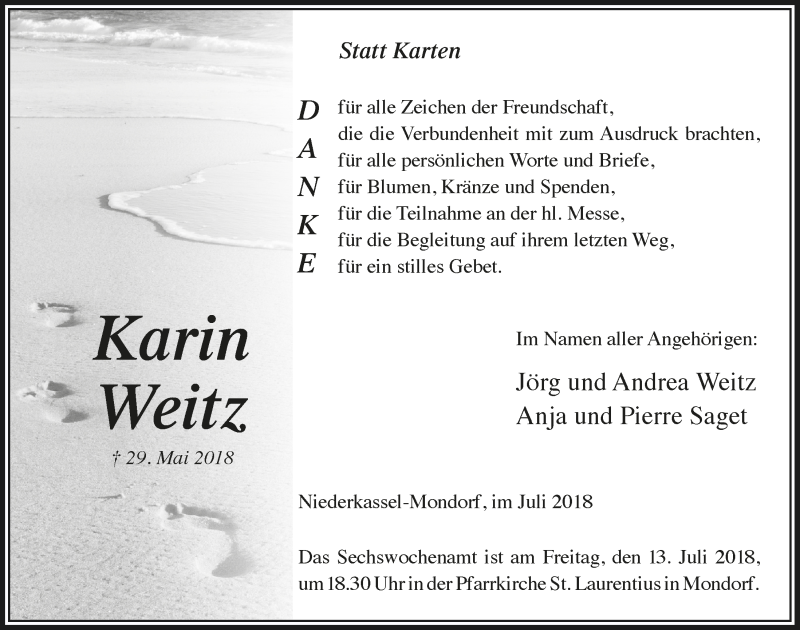  Traueranzeige für Karin Weitz vom 04.07.2018 aus  Extra Blatt 