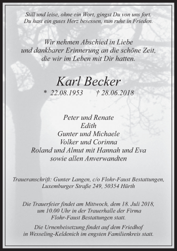 Anzeige von Karl Becker von  Wochenende 