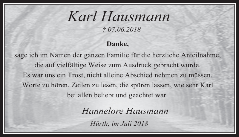  Traueranzeige für Karl Hausmann vom 04.07.2018 aus  Wochenende 
