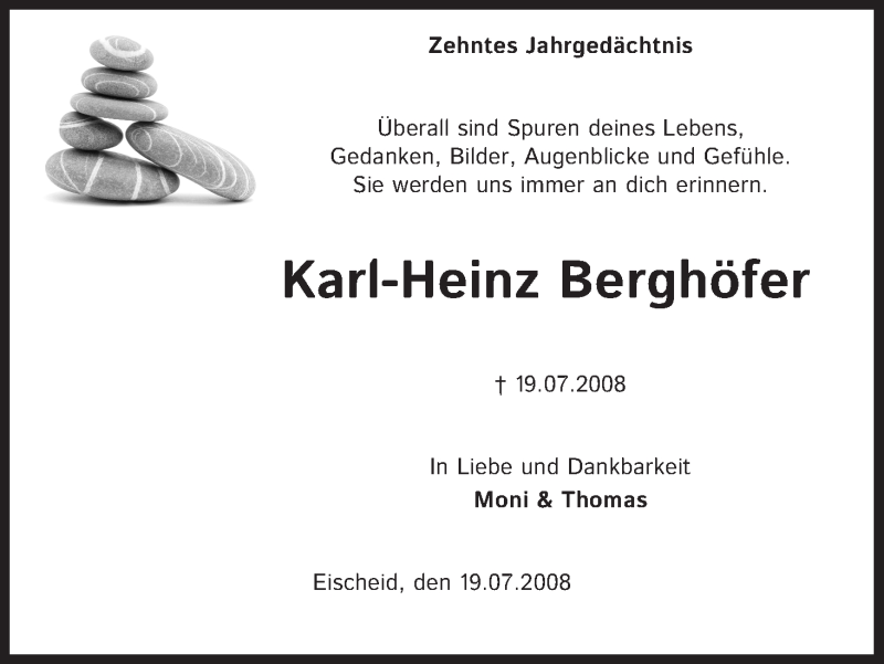  Traueranzeige für Karl-Heinz Berghöfer vom 19.07.2018 aus HS