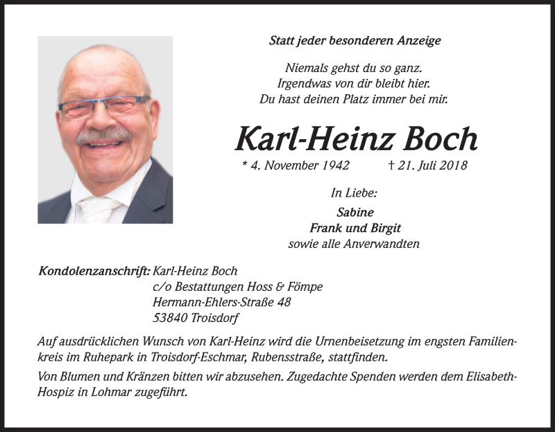  Traueranzeige für Karl-Heinz Boch vom 28.07.2018 aus HS