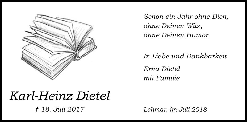  Traueranzeige für Karl-Heinz Dietel vom 21.07.2018 aus HS