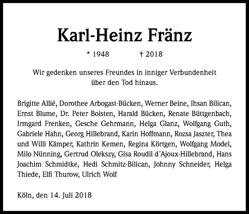  Traueranzeige für Karl-Heinz Fränz vom 14.07.2018 aus GS