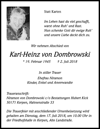 Anzeige von Karl-Heinz von Dombrowski von BG