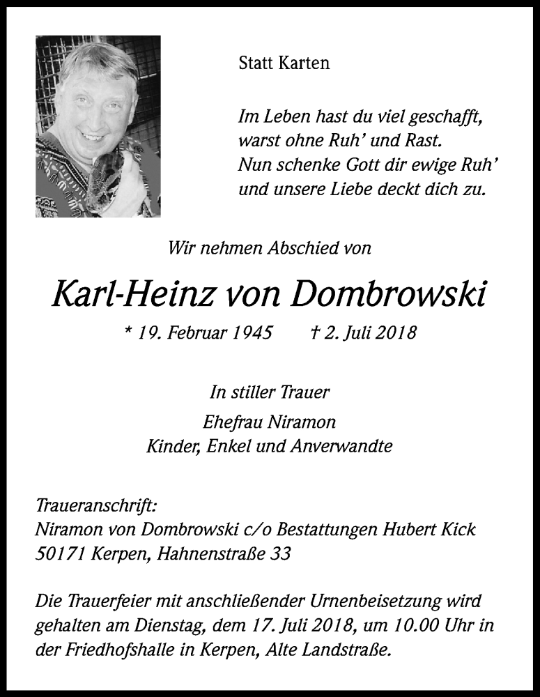 Traueranzeige für Karl-Heinz von Dombrowski vom 14.07.2018 aus BG